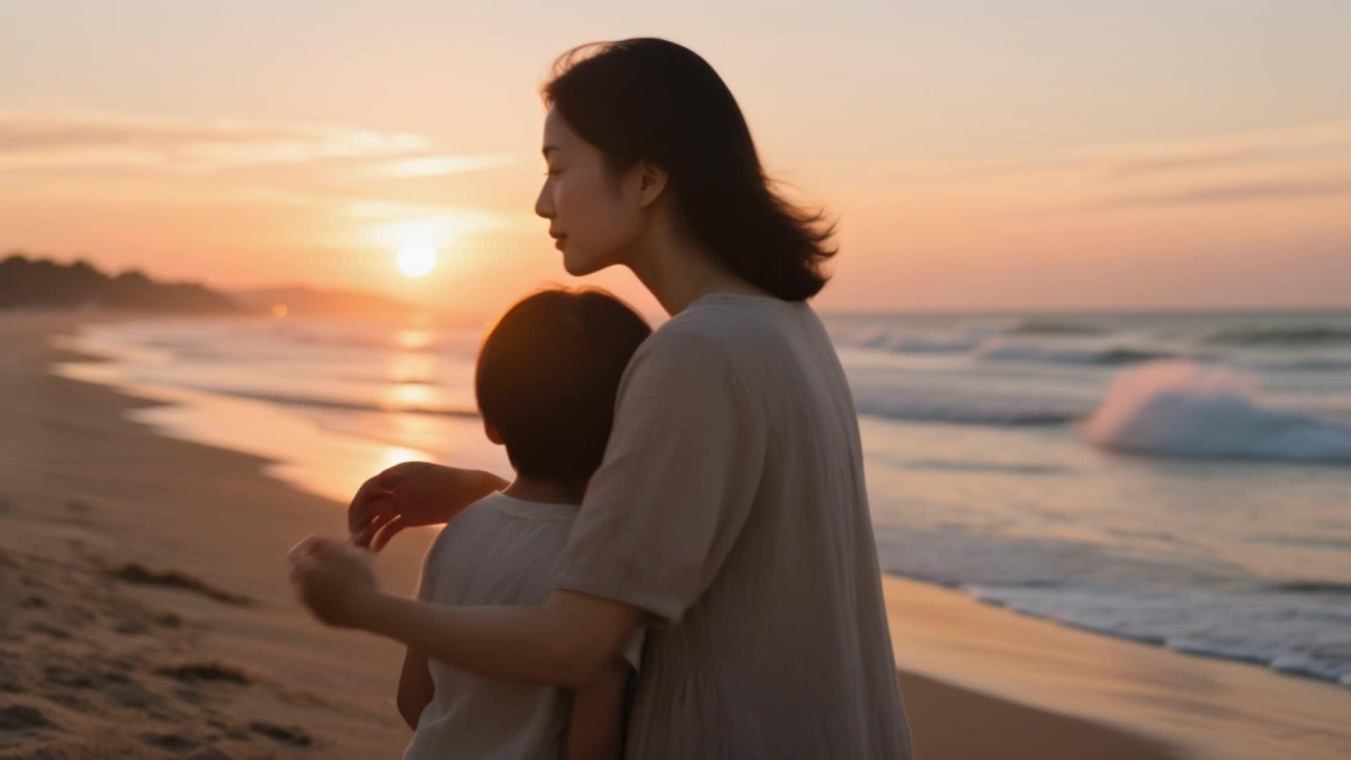 海边母子温暖剪影视频的预览图