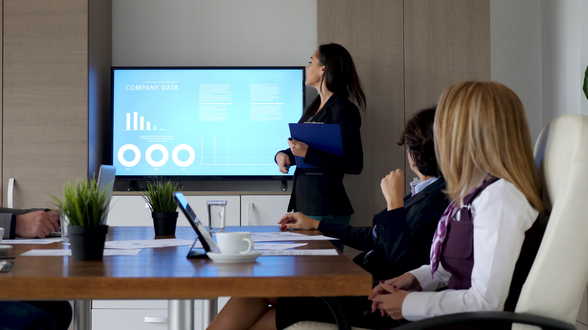 会议室女商人介绍公司数据视频的预览图