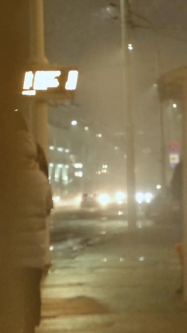 夜晚等待公共汽车的大雪纷飞情侣们视频的预览图