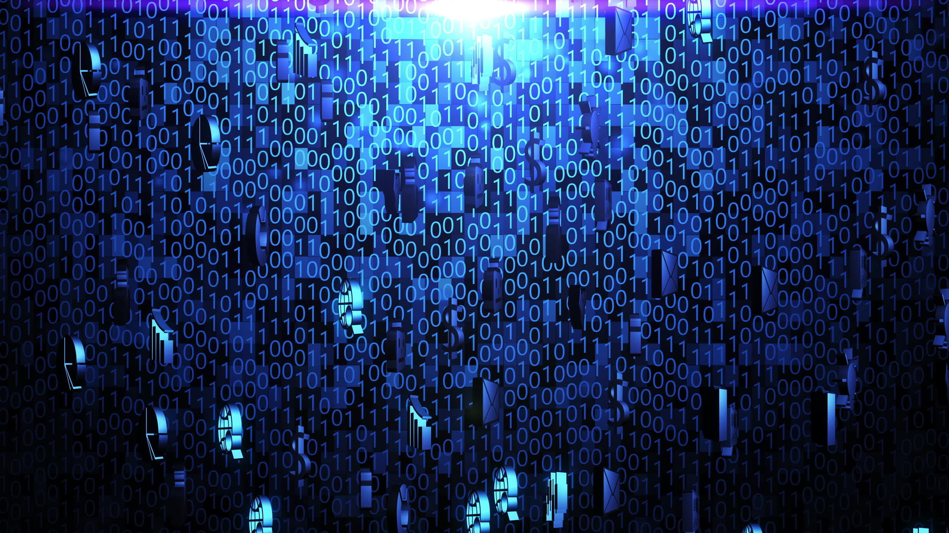 3d蓝色照明中的随机二进制代码背景术图标视频的预览图