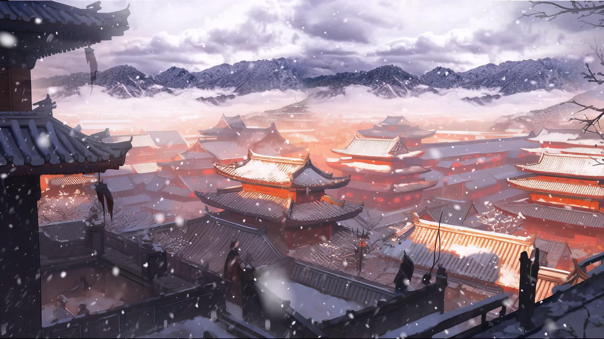 冬季雪中唯美的古风卡通城市背景视频视频的预览图