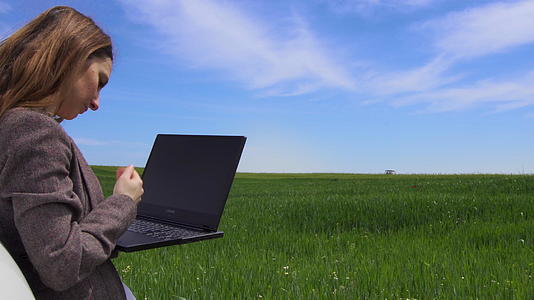 独自在绿色的田野里使用笔记本电脑视频的预览图