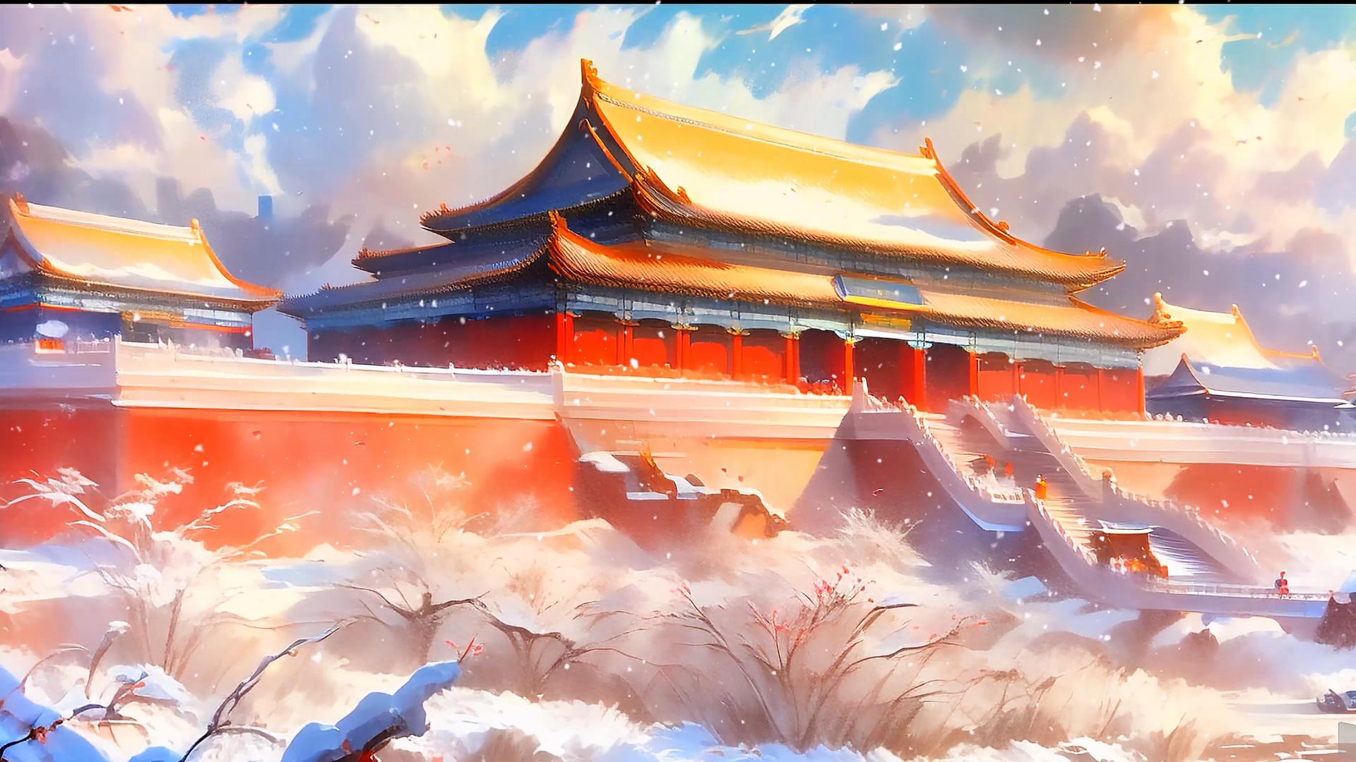 美丽而美丽的红墙黄瓦雪后古风卡通建筑视频的预览图