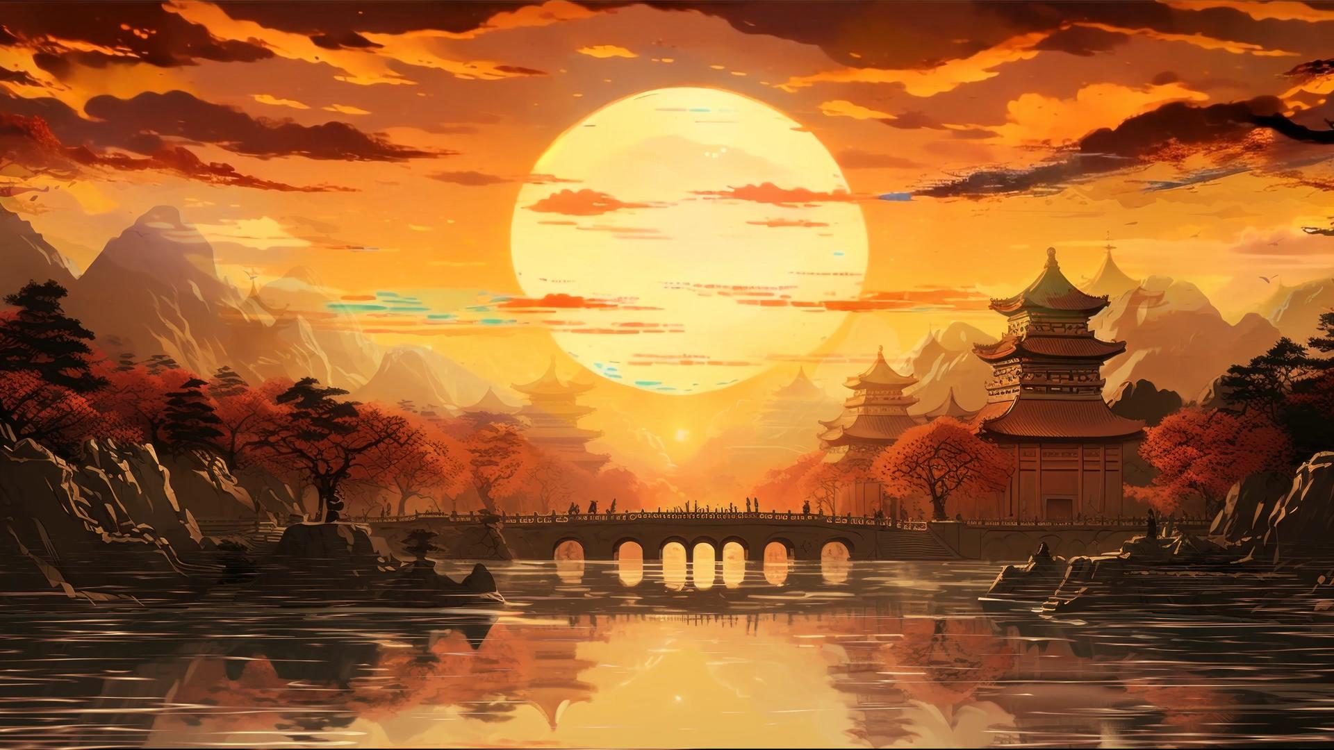 黄金夕阳下唯美的古桥和卡通建筑背景视频视频的预览图