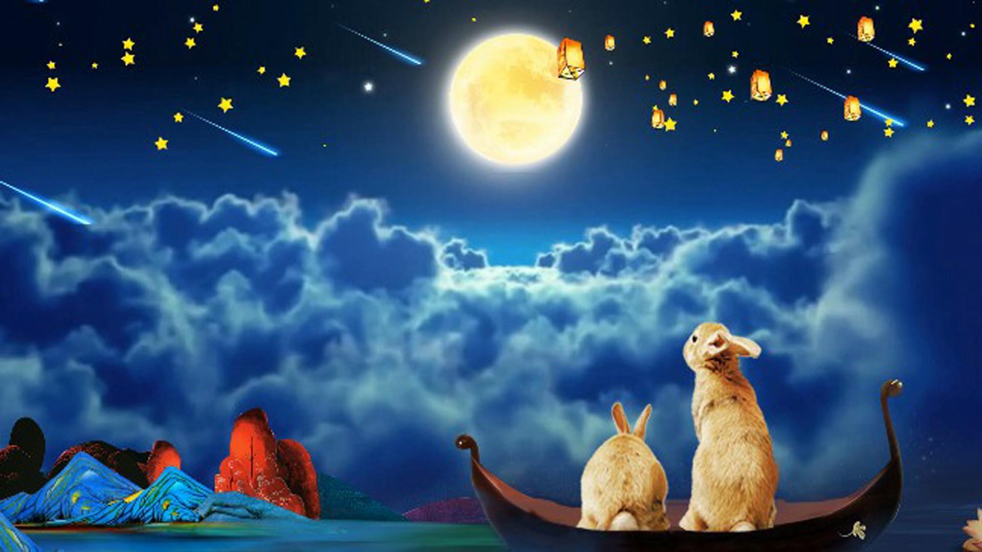 卡通星空月亮夜景中国风背景视频的预览图