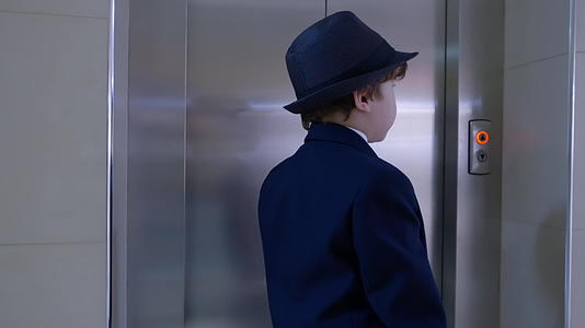 小男孩、商人和其他电梯在他的办公室按下按钮视频的预览图