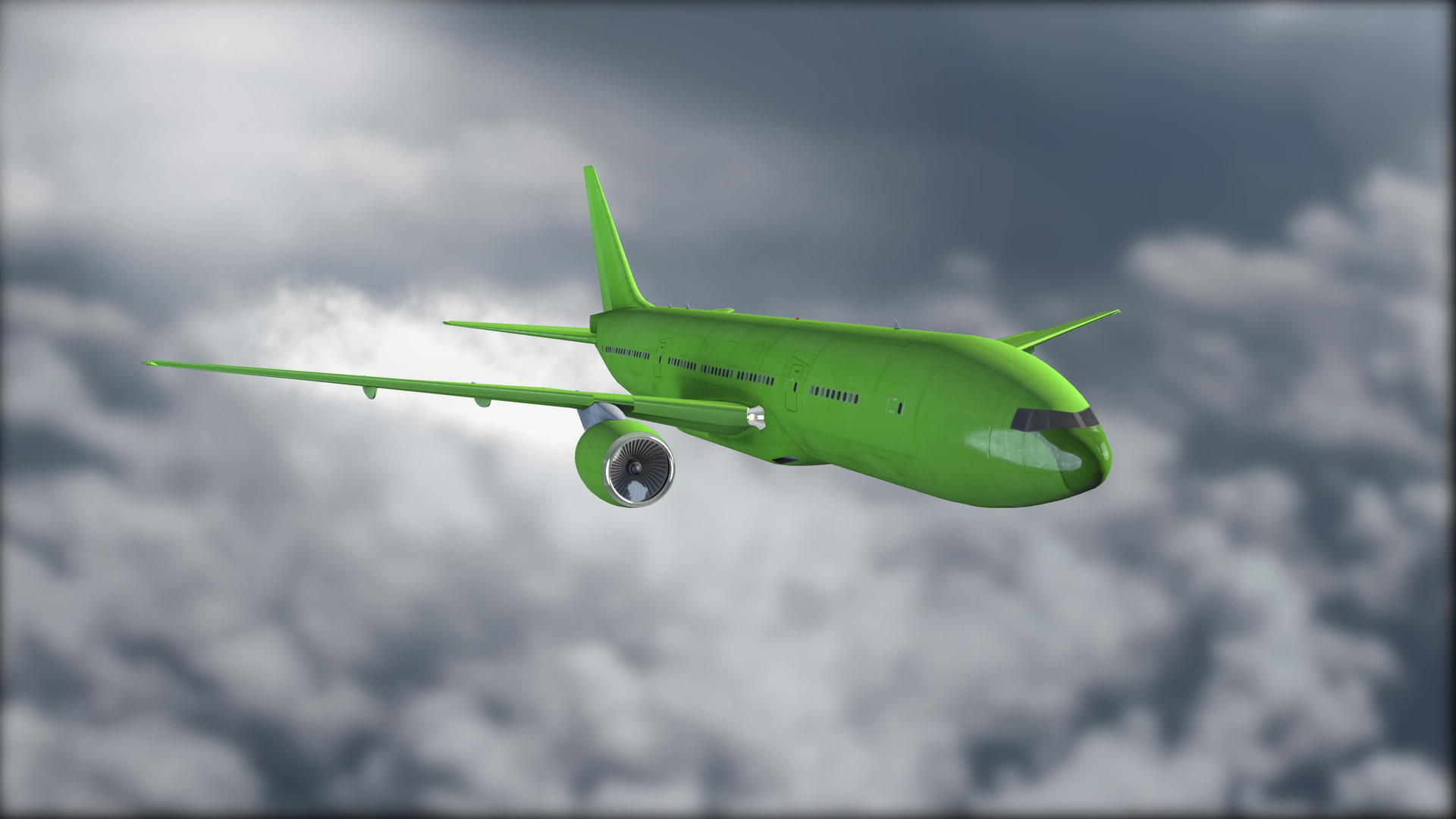 一架绿色喷气式飞机在云层上飞行模糊的背景飞机逼真视频的预览图