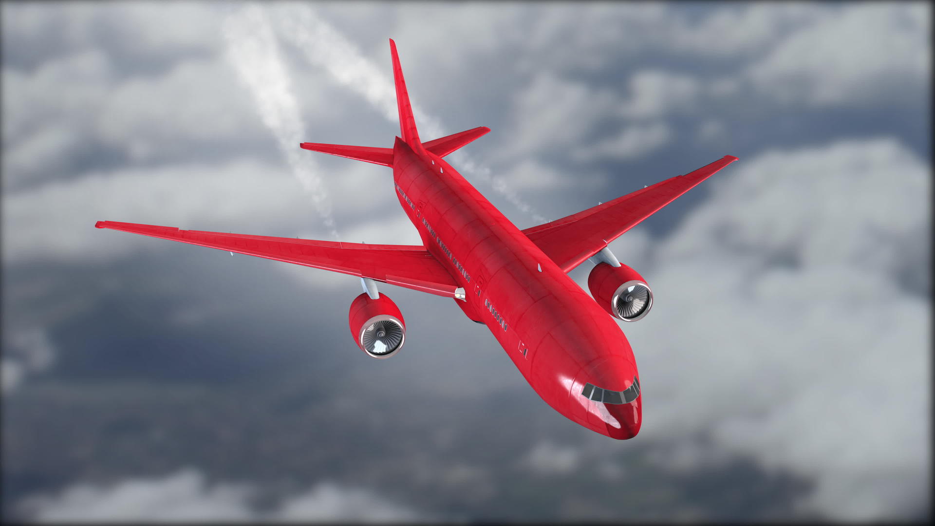 一架红色飞机在云中飞行背景模糊灰色云天特写视频的预览图