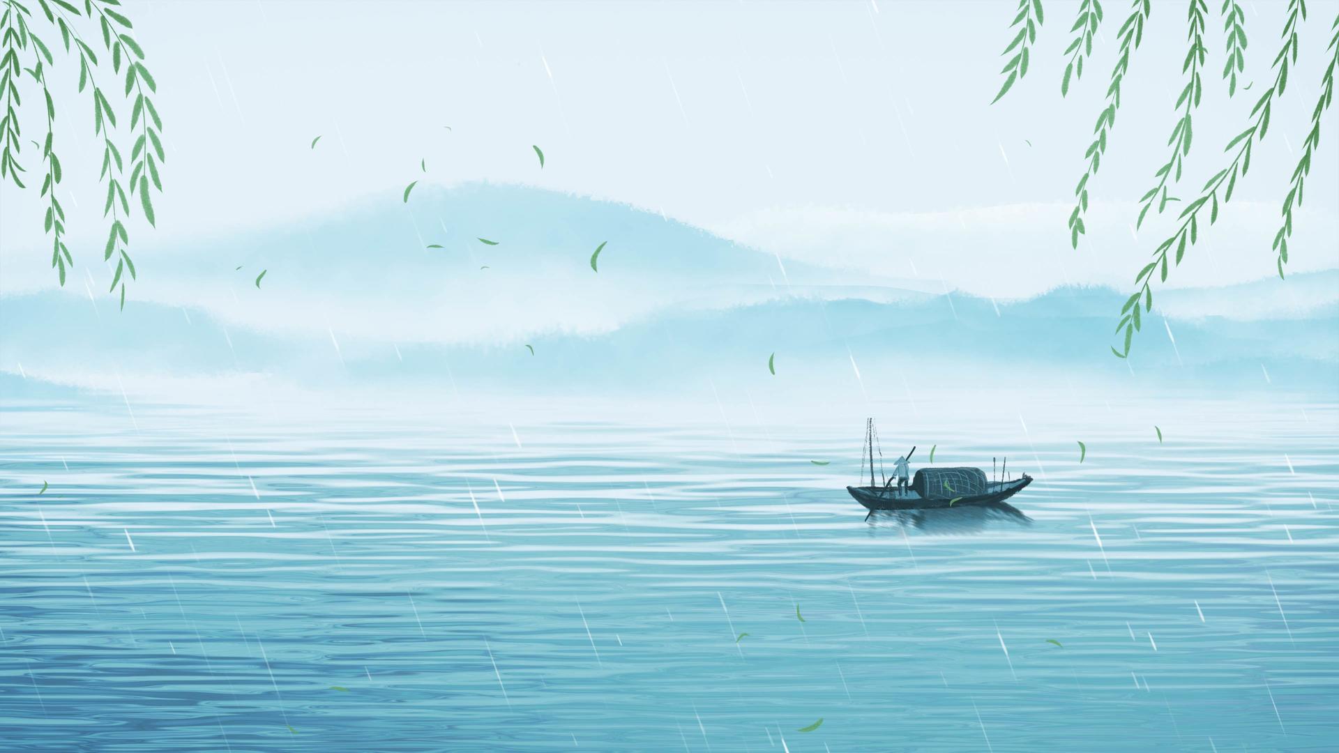 简约古风柳条远山水波渔船细雨清明节背景视频的预览图