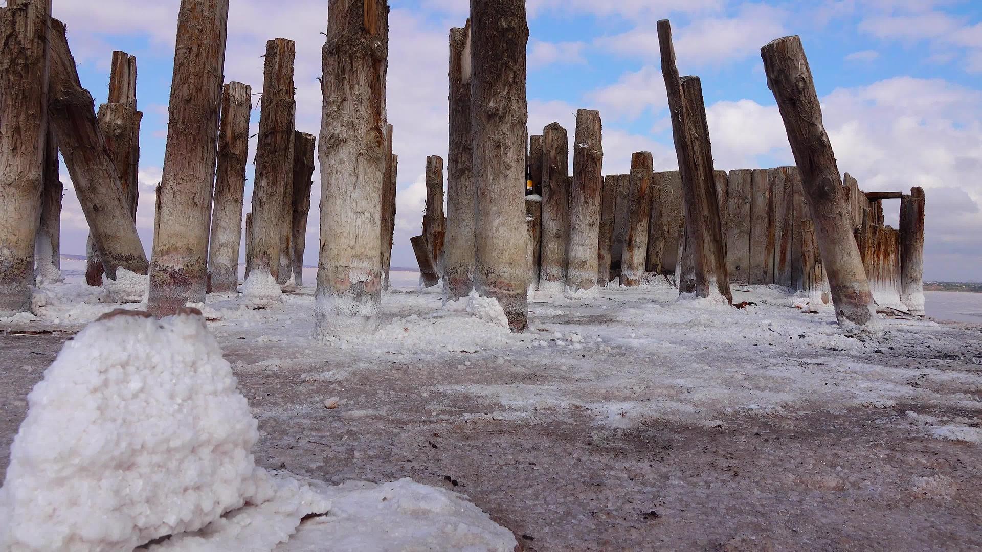 干燥Kuyalnik18世纪河口古盐业木柱上的木柱视频的预览图