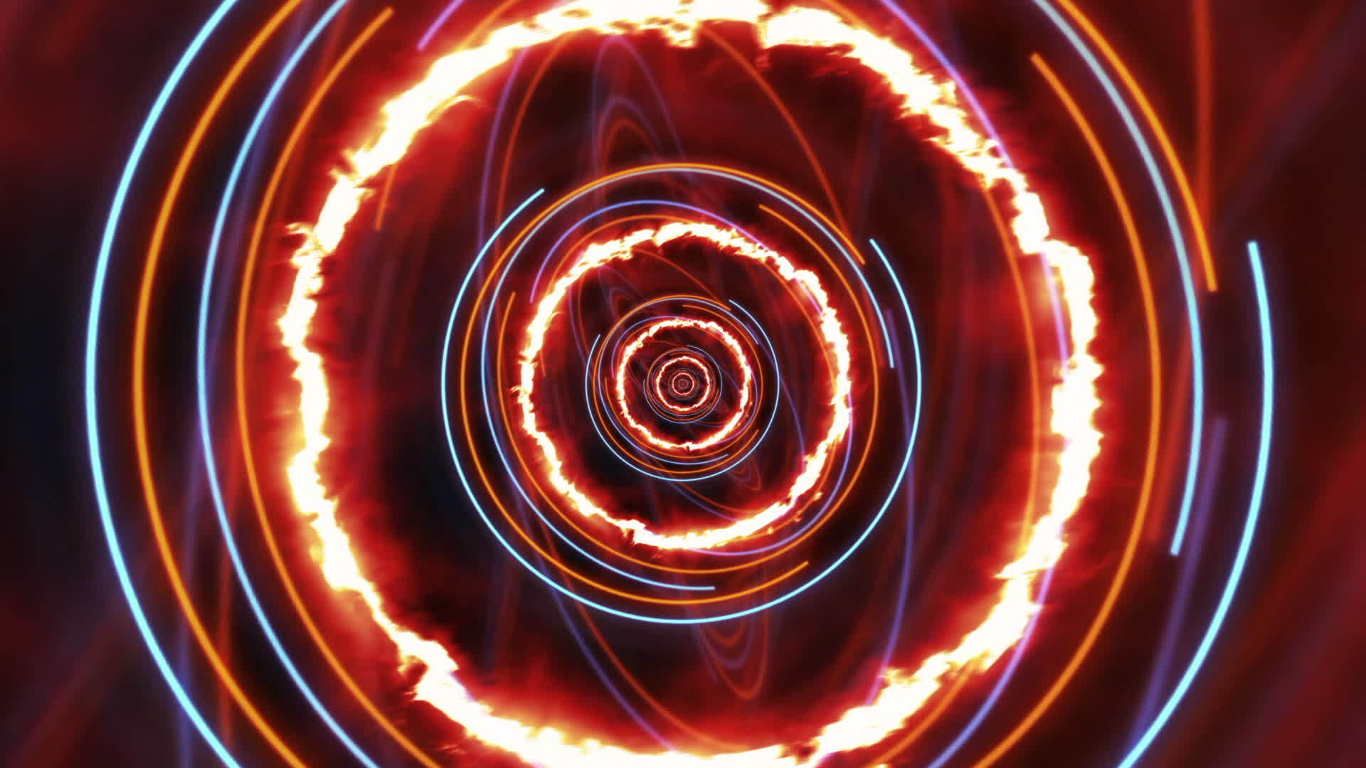 将无限放大到黑屏上的热燃烧圆圈视频的预览图