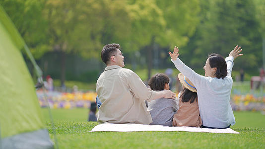 4k一家人在公园野餐坐在草坪上聊天背影视频的预览图