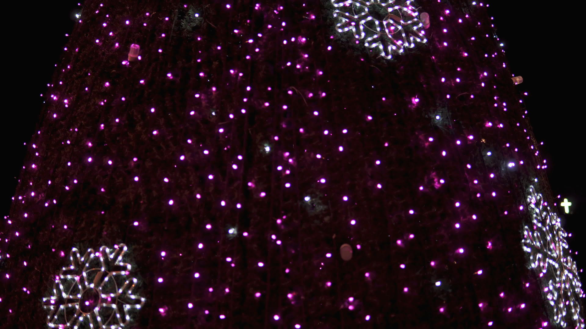 明亮的圣诞树在夜晚闪耀着雪花视频的预览图