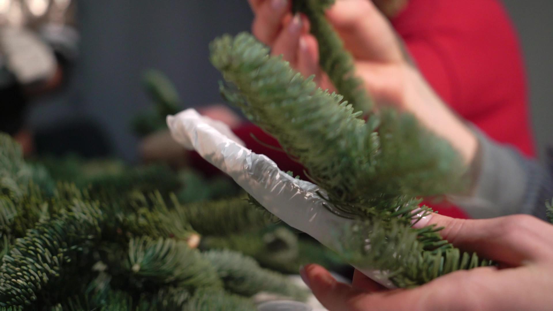 准备庆祝圣诞节和新年女孩用云杉树枝做了一个花环视频的预览图