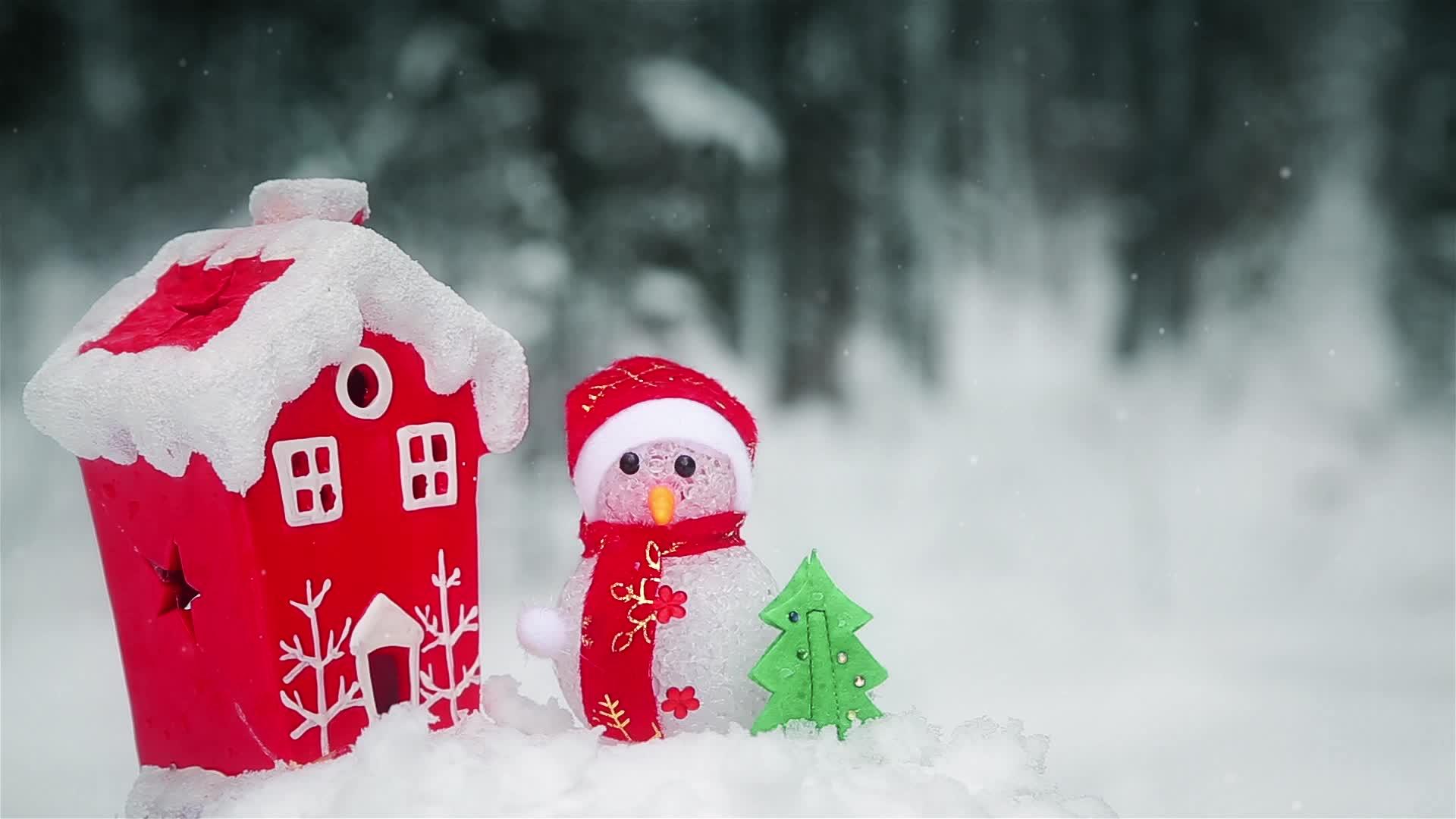 森林红房子附近的圣诞雪人视频的预览图