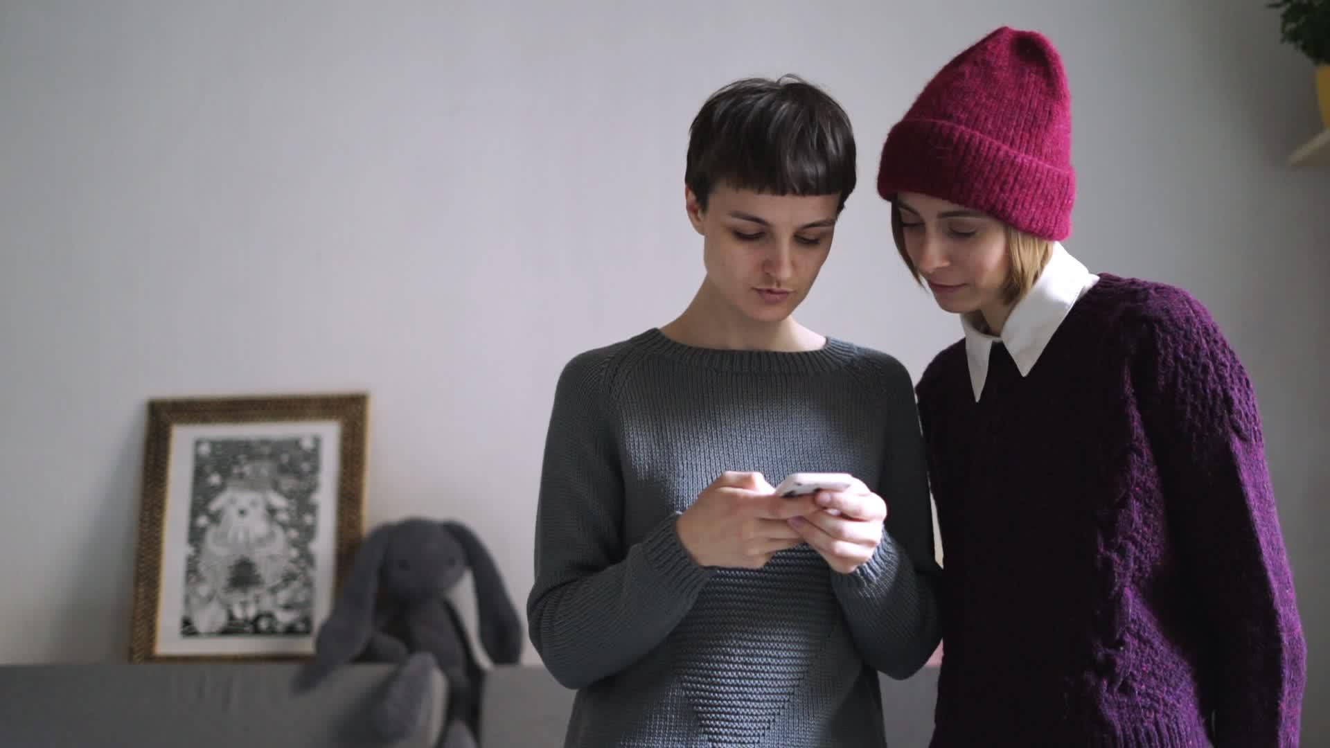 两名时尚女性在家里使用手机视频的预览图