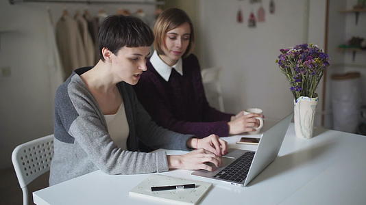 两名女学生坐在桌旁用笔记本在线学习视频的预览图