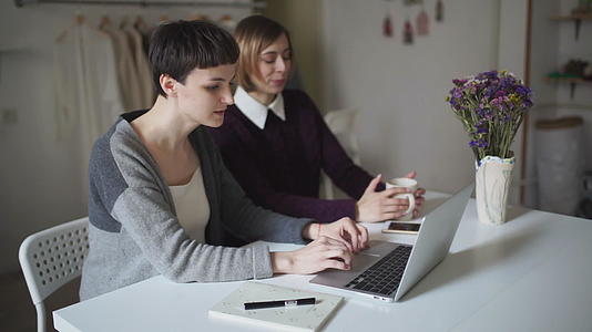 两名女学生坐在桌旁用笔记本进行在线教育视频的预览图