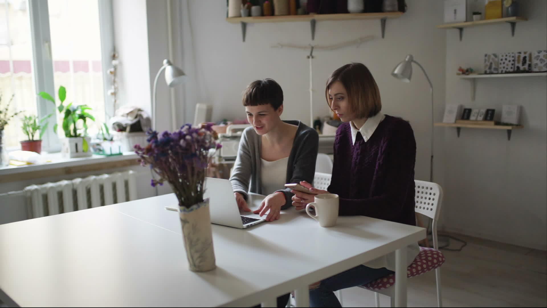 两名年轻女性坐在桌边用笔记本在网上订购视频的预览图