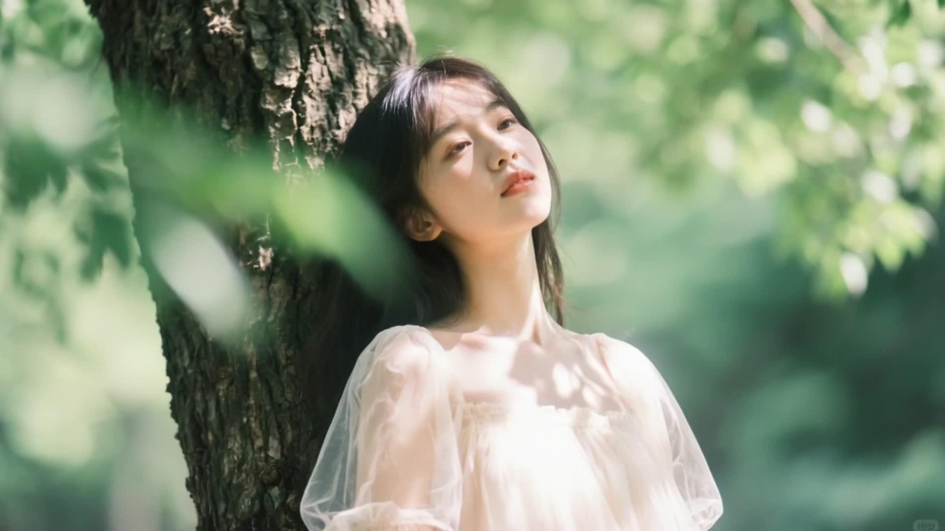 夏天的下午少女靠古树休息视频的预览图