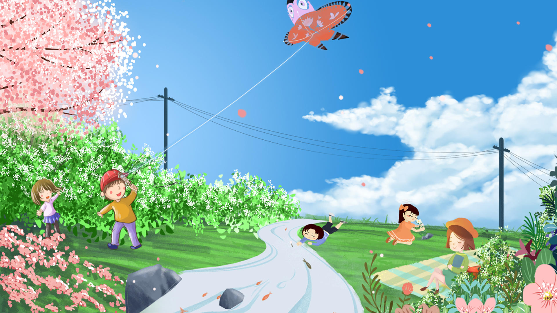 春游放风筝卡通背景视频的预览图