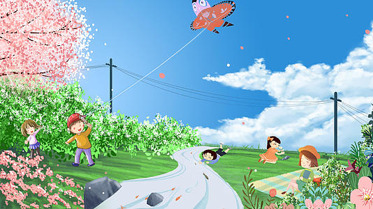 春游放风筝卡通背景视频的预览图