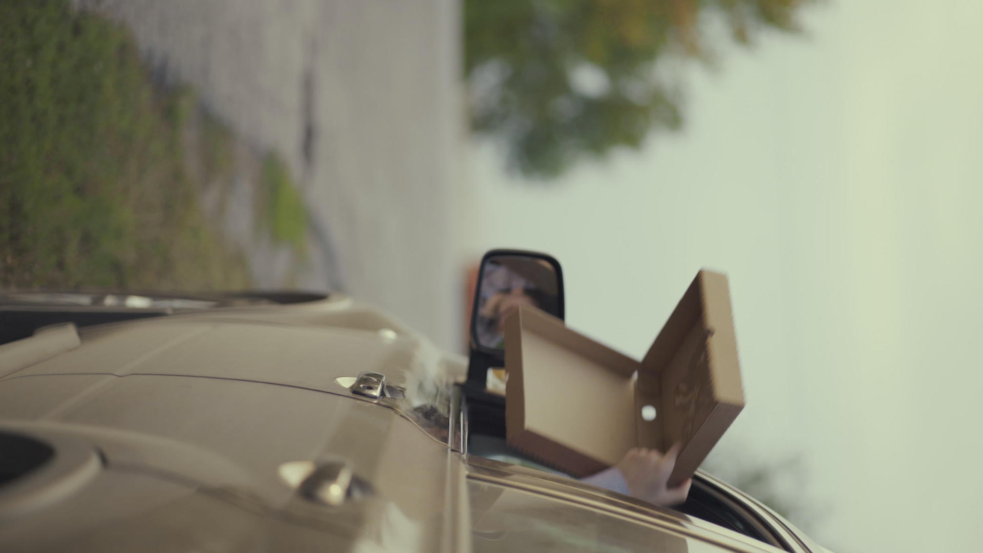 纵向视频司机把披萨和汉堡从路上的汽车窗户扔掉视频的预览图