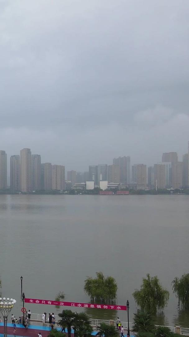 长江洪峰过后航拍风景城市在堤坝上看到河水上升的游客群体素材视频的预览图