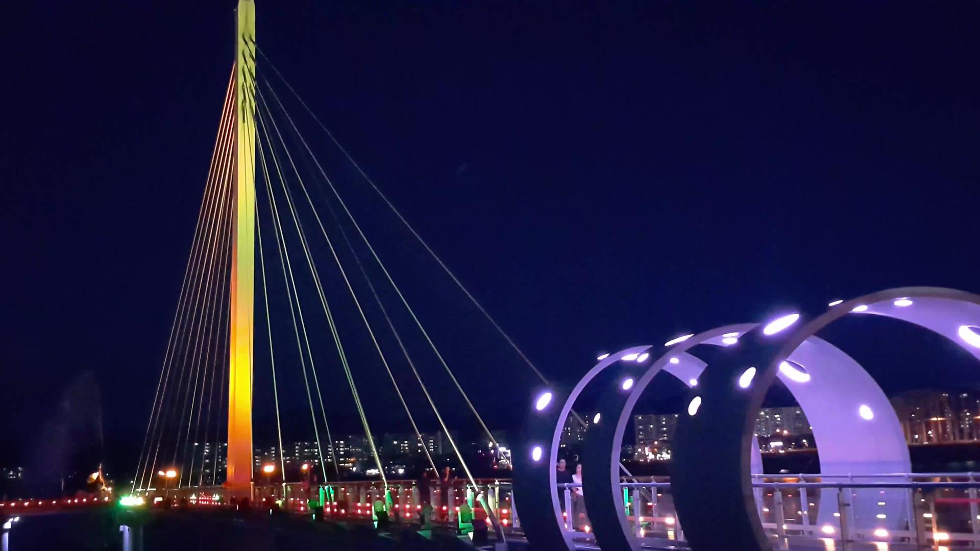 一尊美丽的雕像在韩国城市的夜景视频的预览图