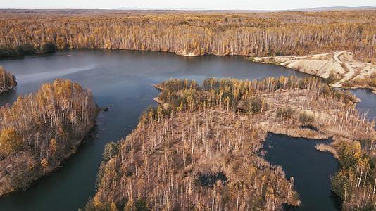 摄像机飞过一个光滑的有毒湖被秋天的森林包围视频的预览图