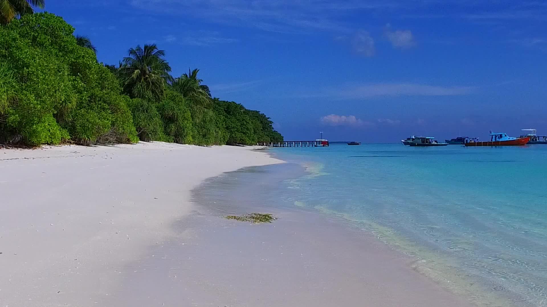 蓝绿色的大海和珊瑚礁附近的白色海滩背景充满了异国情调视频的预览图