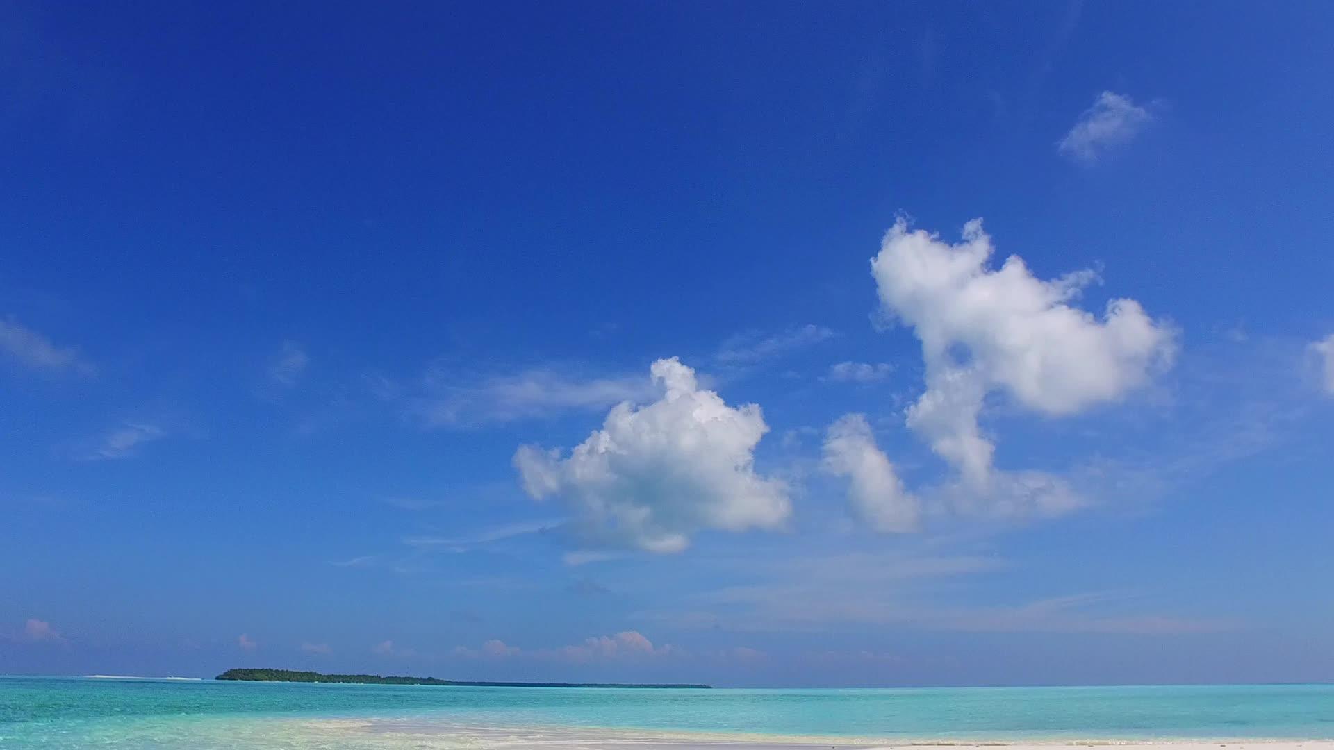 蓝色的海洋和棕榈树附近的白沙背景阳光明媚视频的预览图
