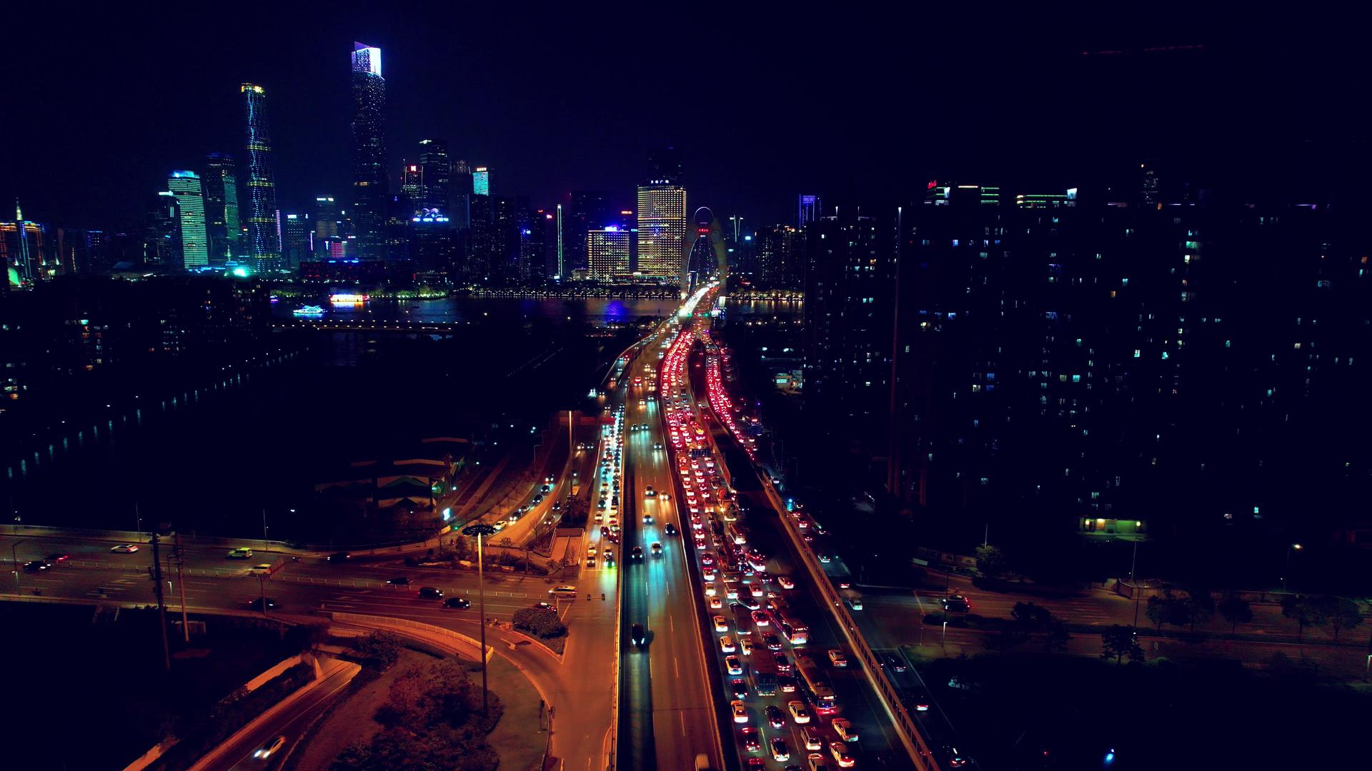 广州猎德大道城市交通城市夜景航拍车流视频的预览图