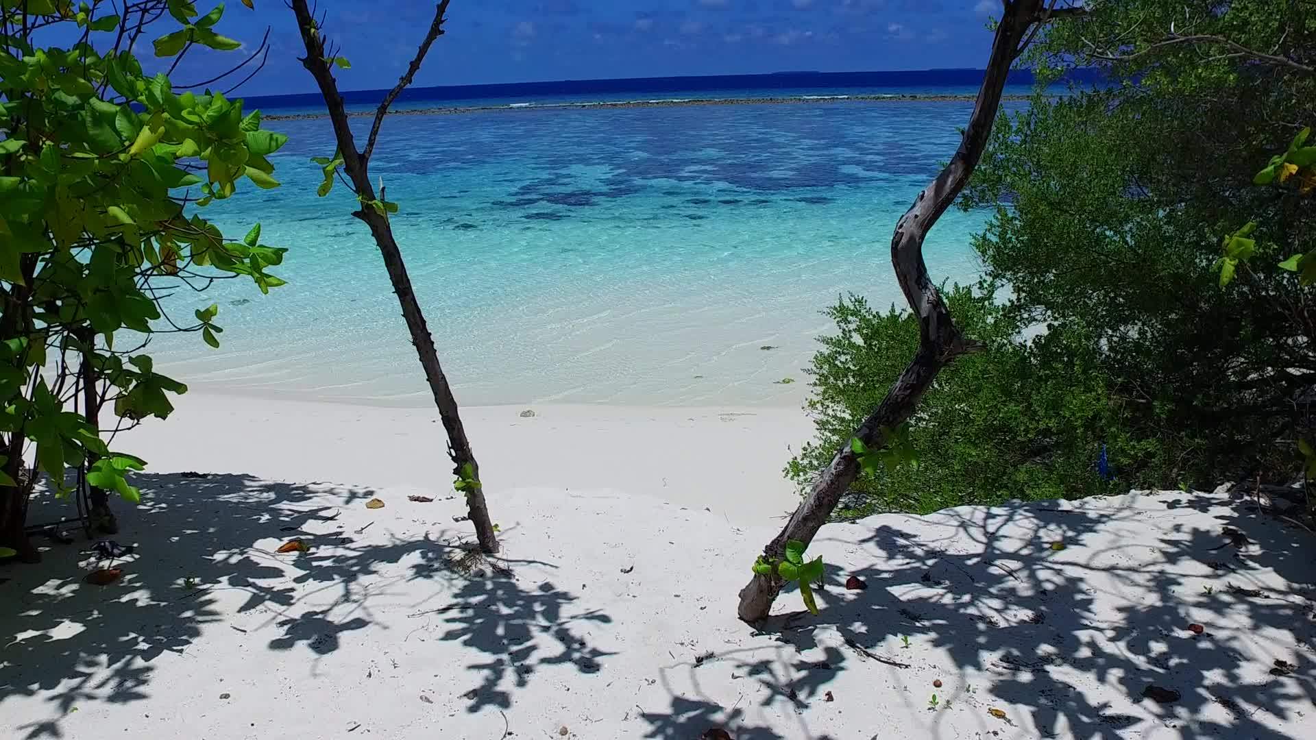 封闭的宁静海岸海滩度假风景海平面蓝海和浅沙附近的冲浪视频的预览图