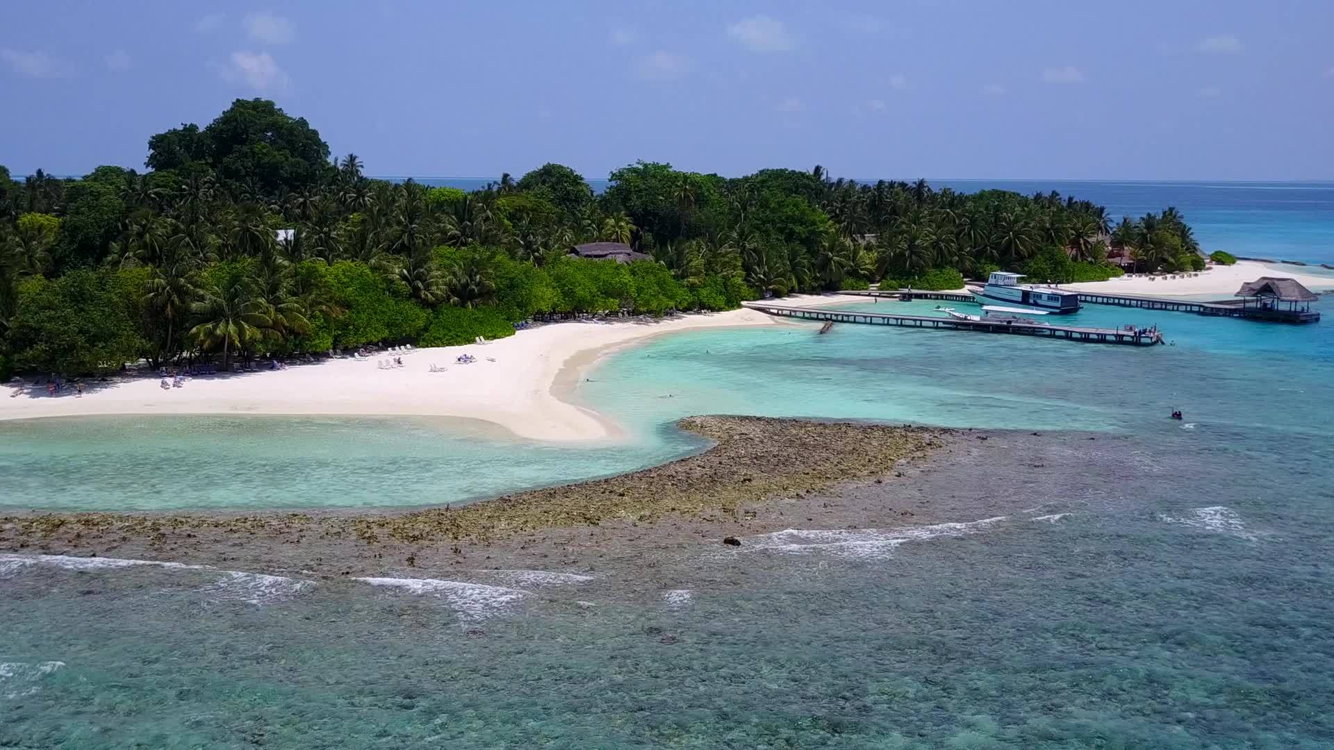 海滨旅游由水蓝环礁和棕榈树附近的白沙背景组成视频的预览图