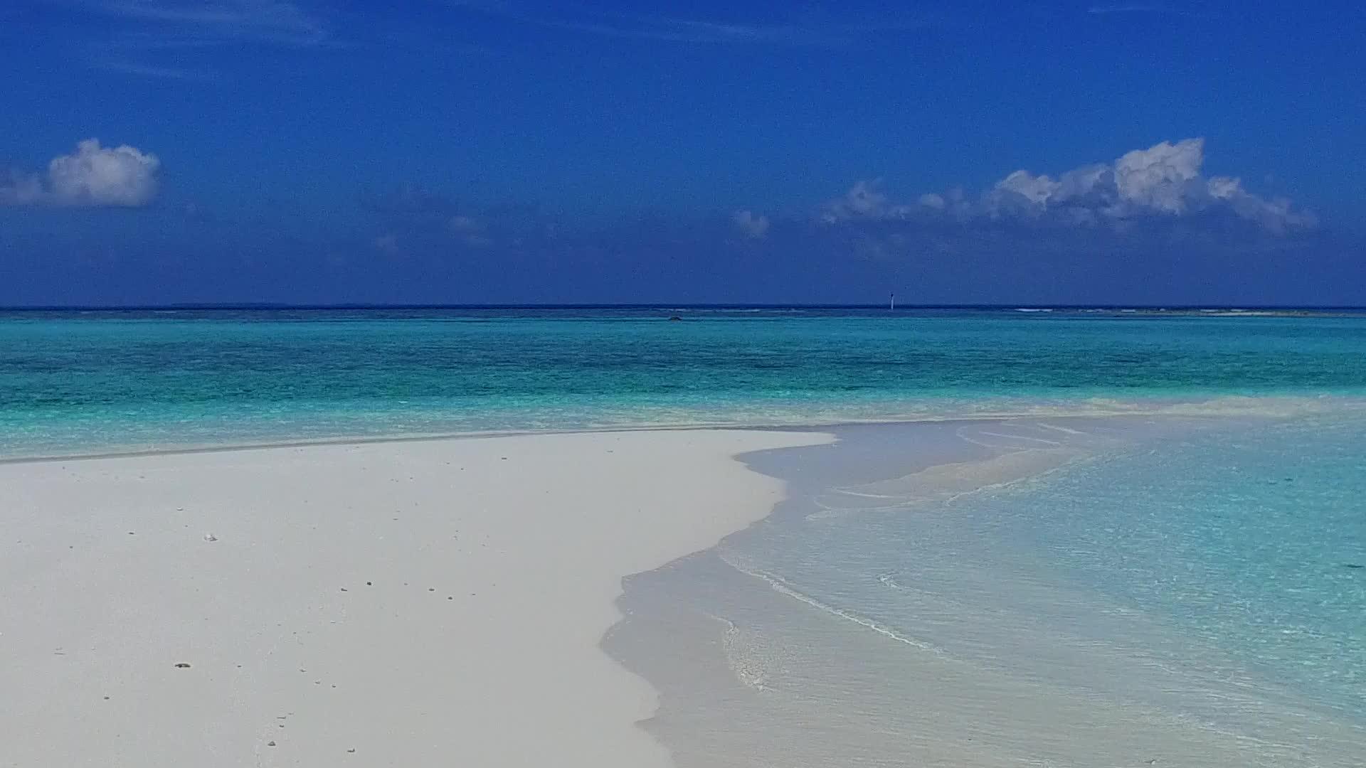 以棕榈树附近有白沙背景的蓝海为例通过蓝色海洋游览异国他乡视频的预览图