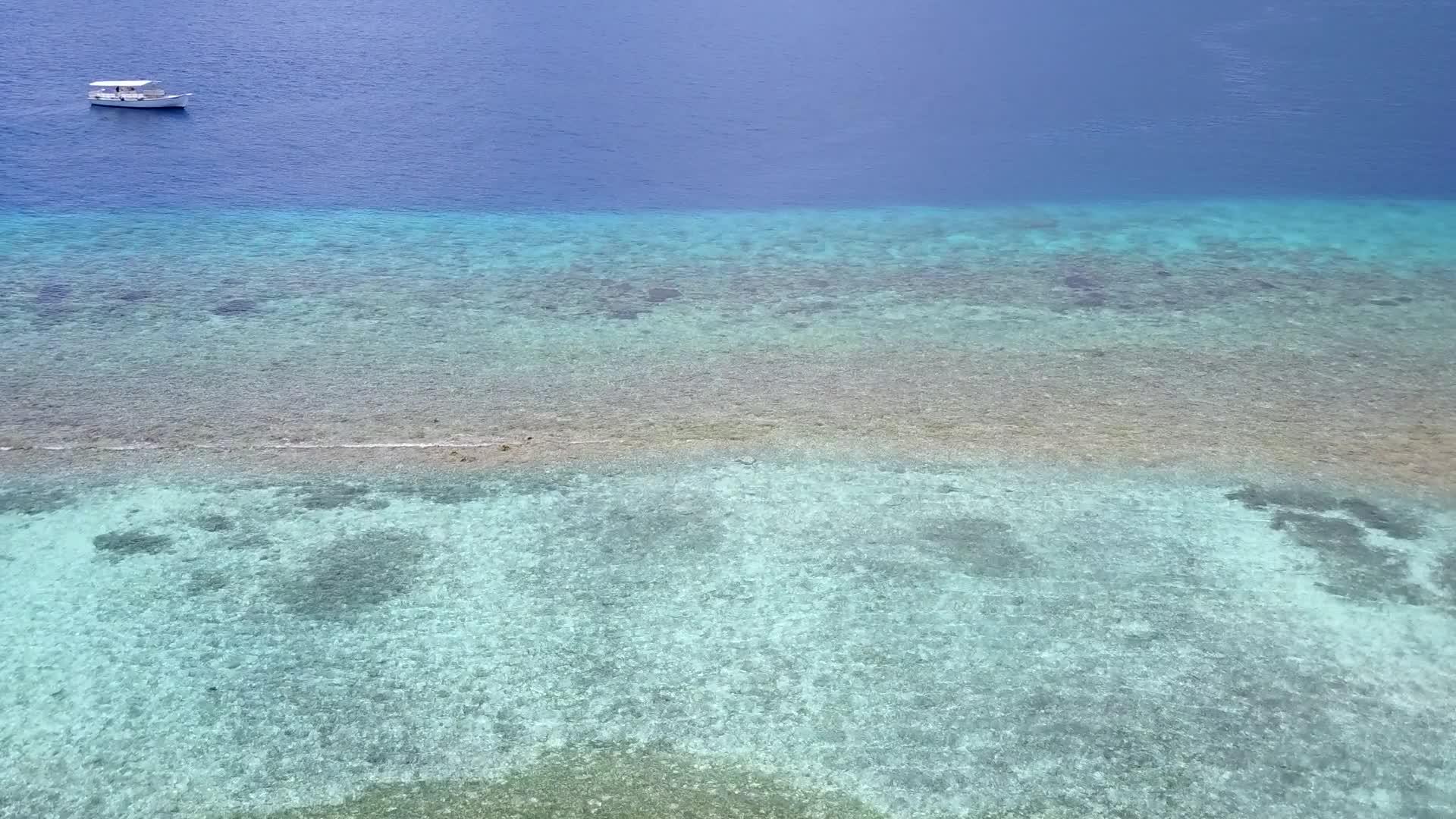 蓝色的海洋和棕榈树附近的白沙背景的浅滩视频的预览图