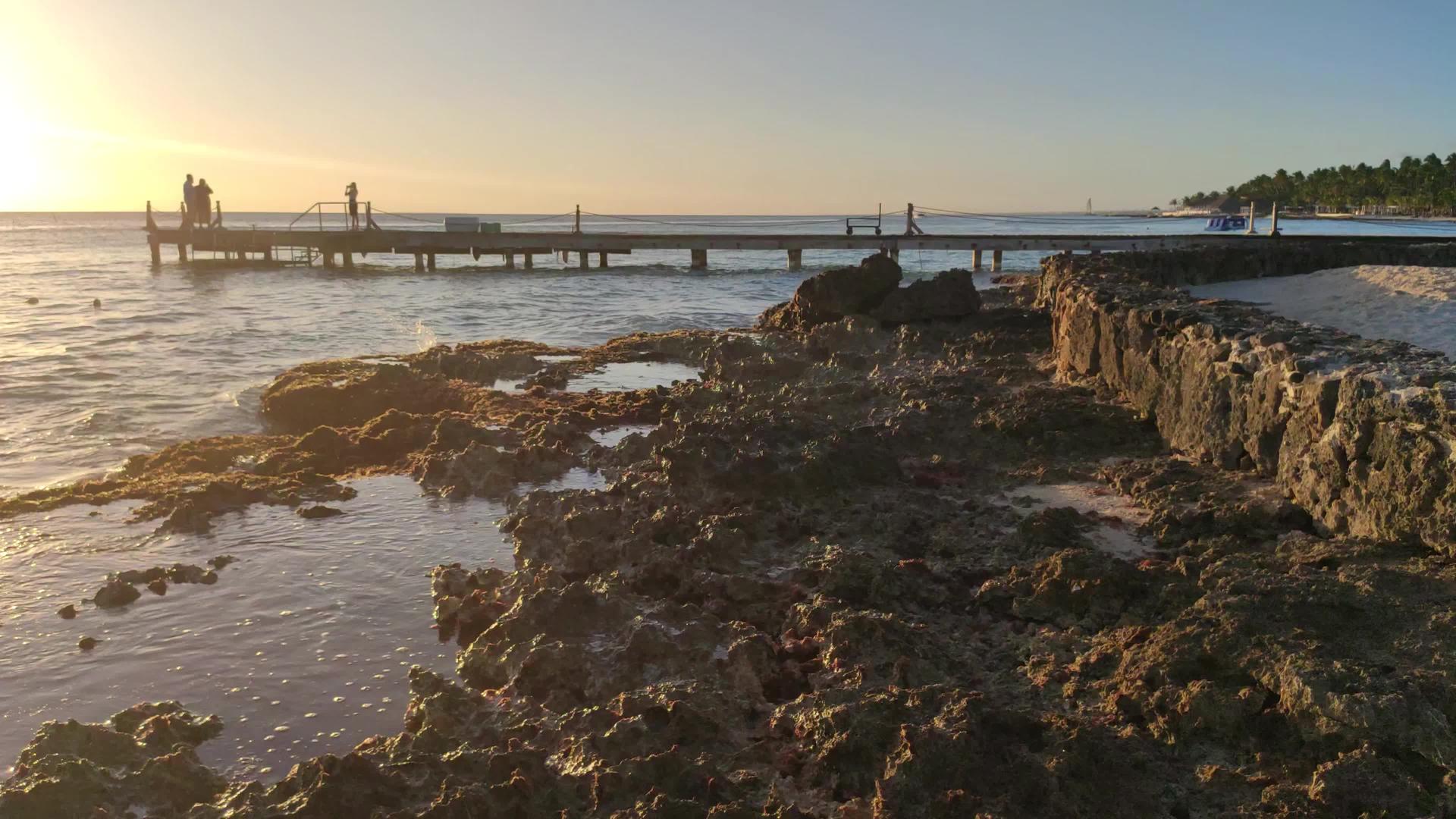 美丽的多米尼桑在海上的落日视频的预览图