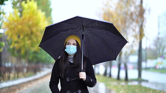 一个戴着防护面具的年轻女子在雨伞下的公园里散步视频的预览图