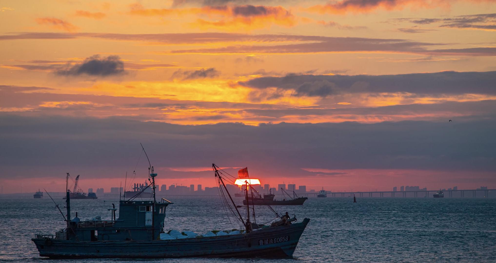 4K延时金色天空和穿梭的渔船青岛胶州湾夕阳视频的预览图