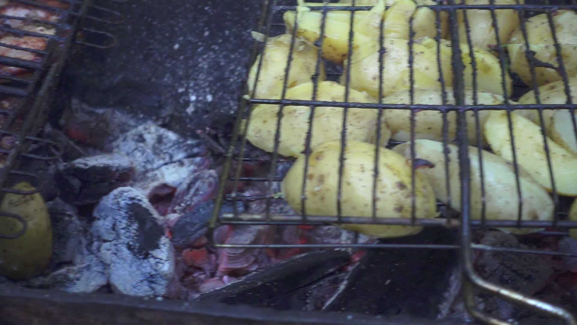 夏季野餐时在大自然的烤箱里煮新鲜土豆视频的预览图