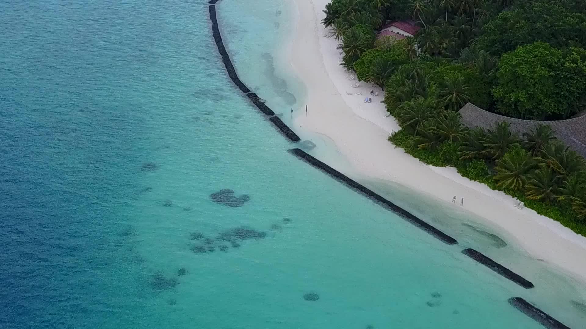 无人驾驶飞机在蓝色海平面上以白色沙滩背景飞行视频的预览图