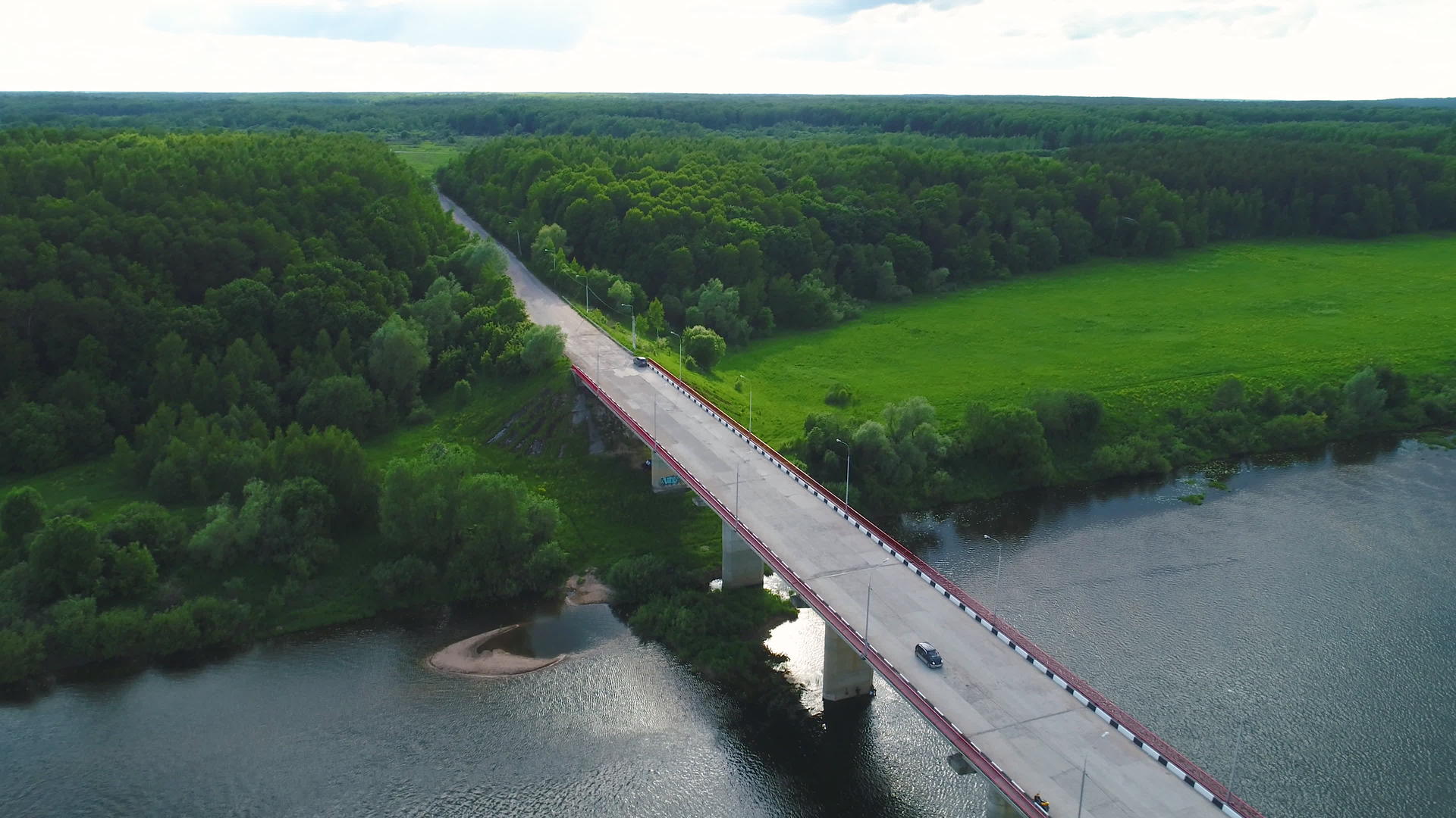 绿色的田地和森林空间的风景...河边的混凝土桥视频的预览图