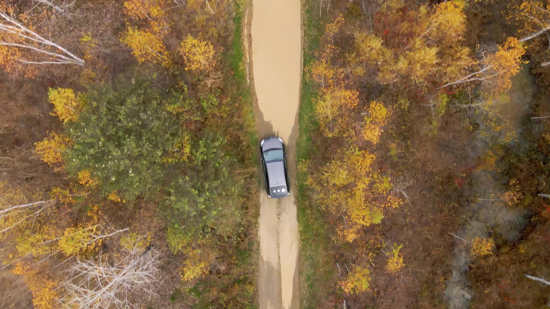 一辆灰色的公共汽车沿着高山秋树之间的森林土路行驶视频的预览图