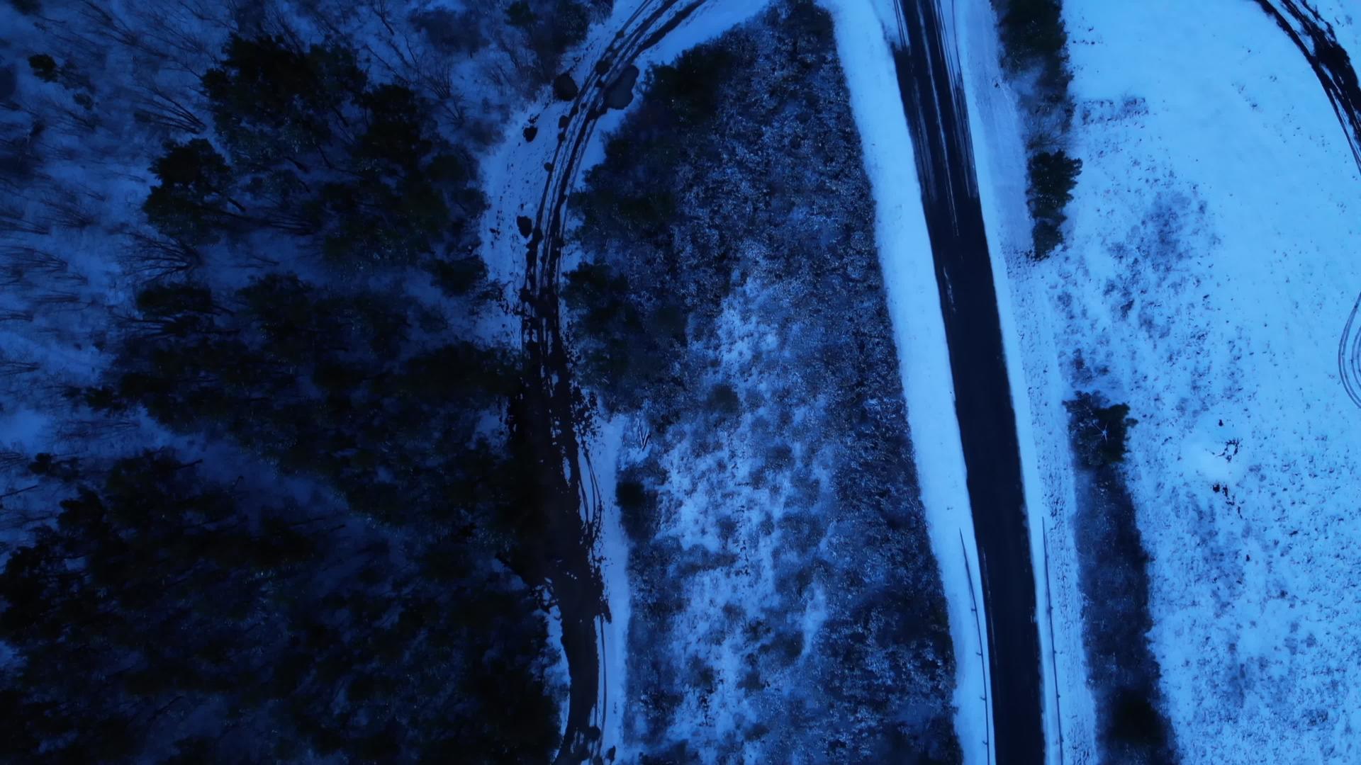 自然蓝色的夜晚法国白雪皑皑的乡村黎明路和森林雪下的田野视频的预览图