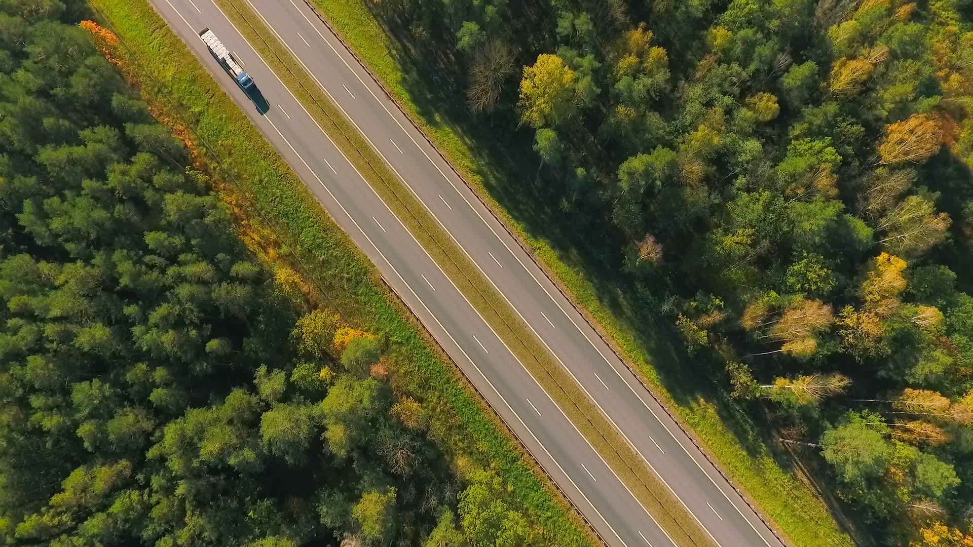 树与树之间的公路卡车在森林公路上行驶的鸟瞰图视频的预览图
