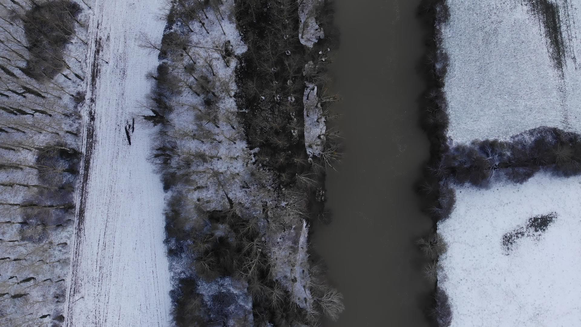 河边的冬季景观树在白霜、阳光明媚的日子、美丽的法国视频的预览图