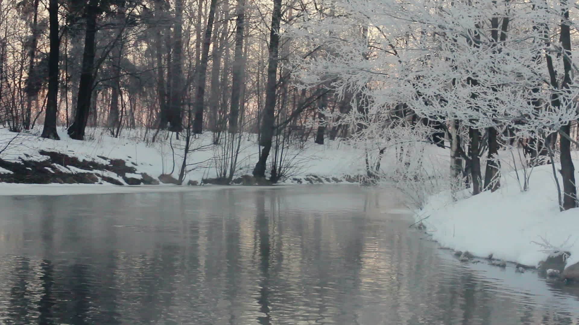 冬天的风景河岸上布满了积雪视频的预览图