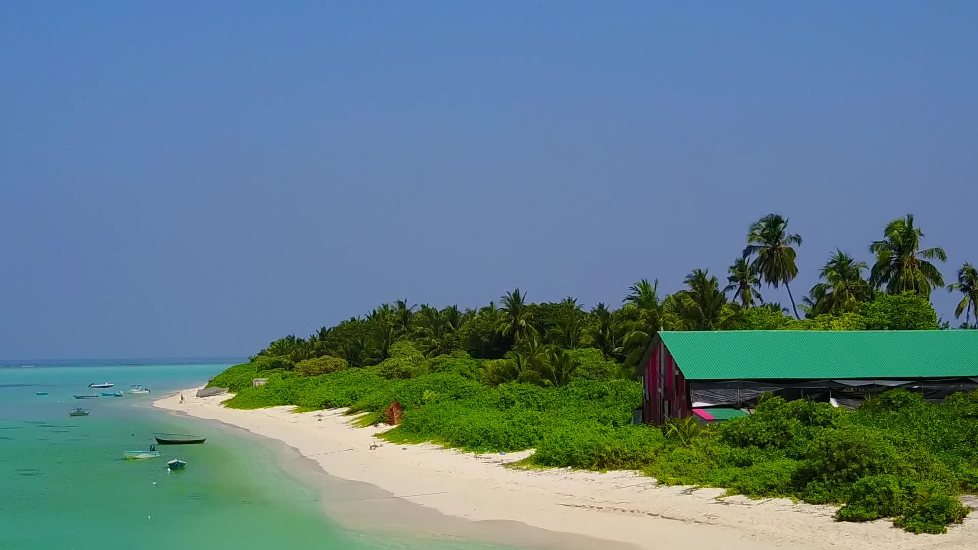 空中以蓝色环礁湖和白色沙底为间歇性林地旅游海滩视频的预览图