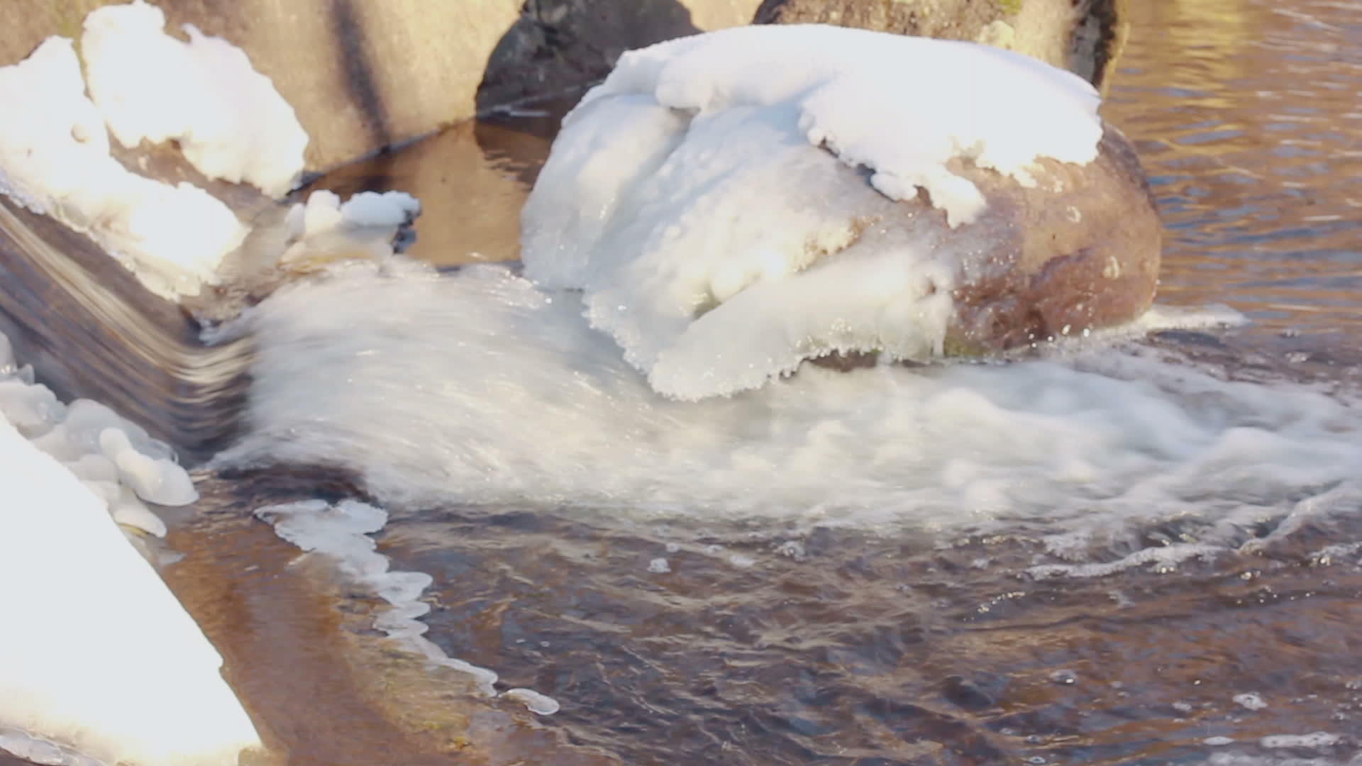 石头冬季河水流关闭冰盖视频的预览图